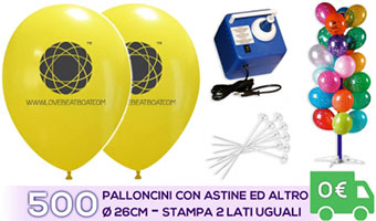 Offerta Economy: 500 Palloncini Personalizzati su due lati uguali con astine gonfiatore elettrico e albero porta palloni